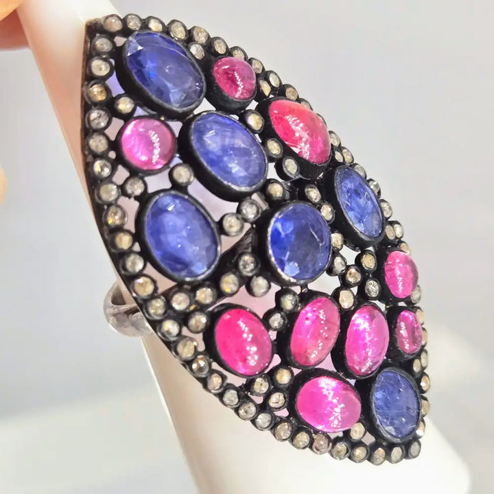 ?MIdnight Orchid’ Sz 6 Ring - Tanzanite Ruby Diamonds Black Sterling