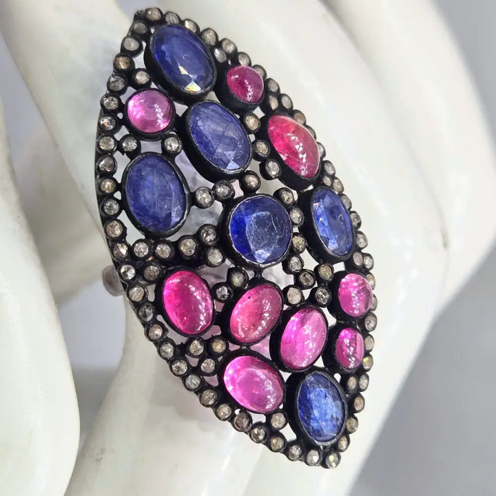 ?MIdnight Orchid’ Sz 6 Ring - Tanzanite Ruby Diamonds Black Sterling