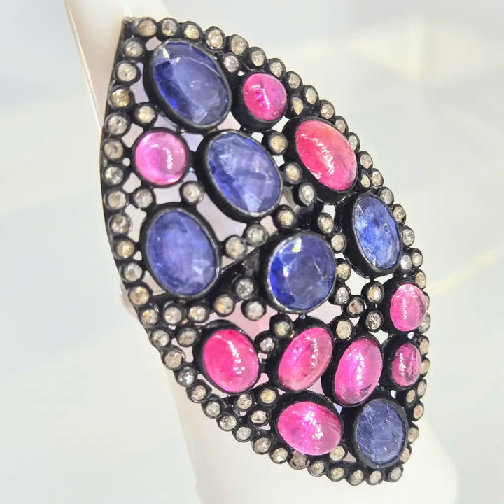 ?MIdnight Orchid’ Sz 6 Ring - Tanzanite Ruby Diamonds Black Sterling