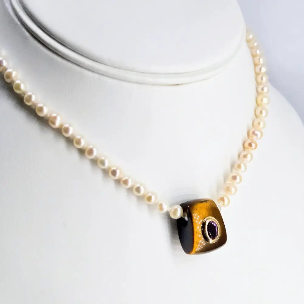 ?MIdnight Tiger’ 14’’-16’’ Necklace - Hand-carved Tiger’s Eye Amethyst 14k Gold Knotted Pearls