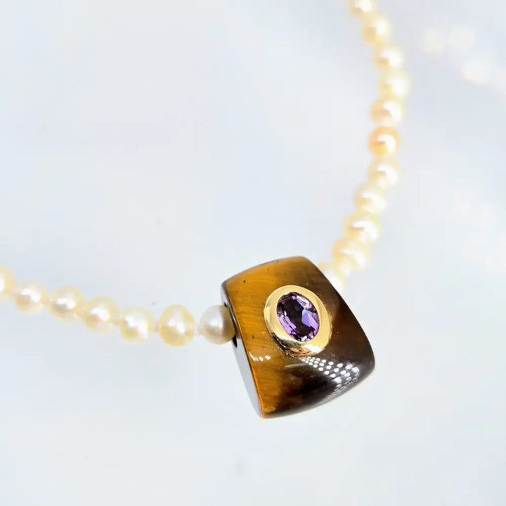 ?MIdnight Tiger’ 14’’-16’’ Necklace - Hand-carved Tiger’s Eye Amethyst 14k Gold Knotted Pearls