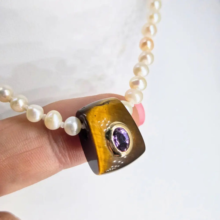 ?MIdnight Tiger’ 14’’-16’’ Necklace - Hand-carved Tiger’s Eye Amethyst 14k Gold Knotted Pearls