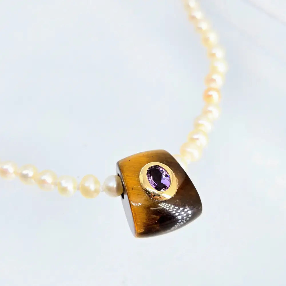 ?MIdnight Tiger’ 14’’-16’’ Necklace - Hand-carved Tiger’s Eye Amethyst 14k Gold Knotted Pearls