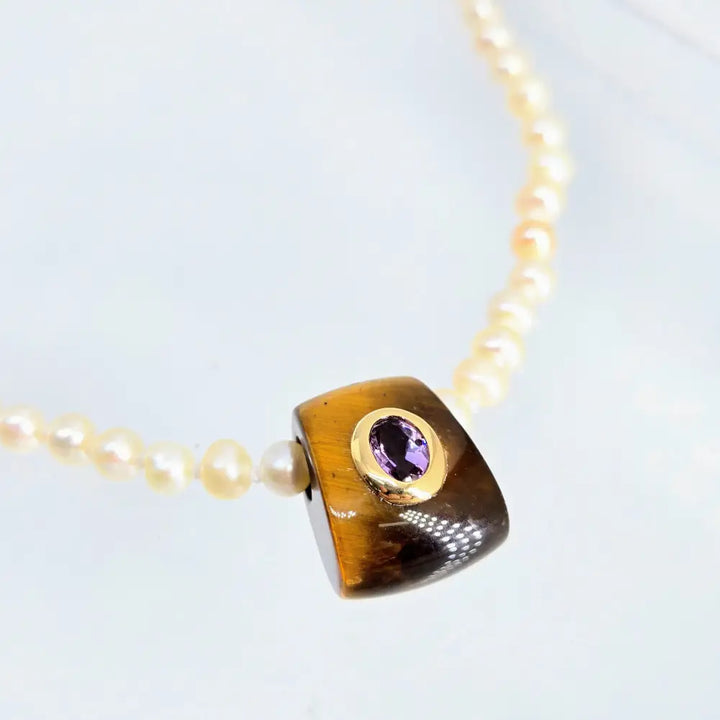 ?MIdnight Tiger’ 14’’-16’’ Necklace - Hand-carved Tiger’s Eye Amethyst 14k Gold Knotted Pearls