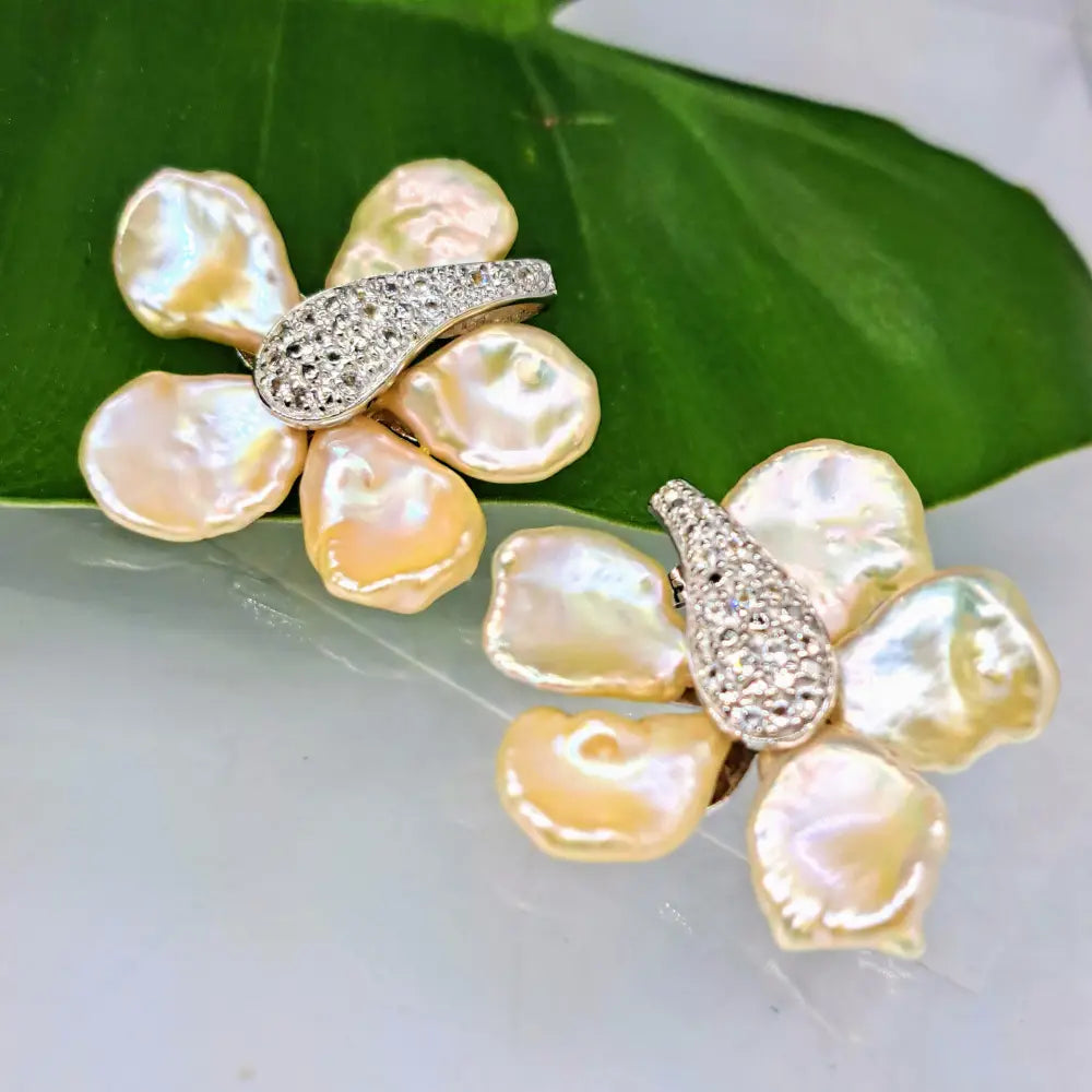 ?MInd Bloom’ 1.5’’ Earrings - Petal Pearls White Topaz Sterling (anti-tarnish Treated) - Champagne Pink