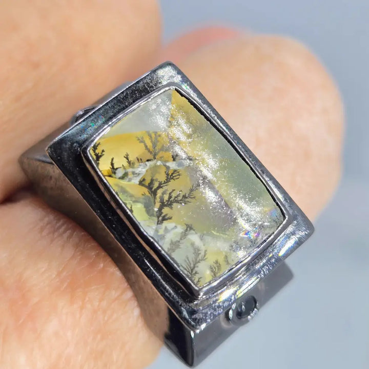 ?MOdern Landscape’ Sz 11 Ring - Dendritic Quartz Sapphire Black Sterling