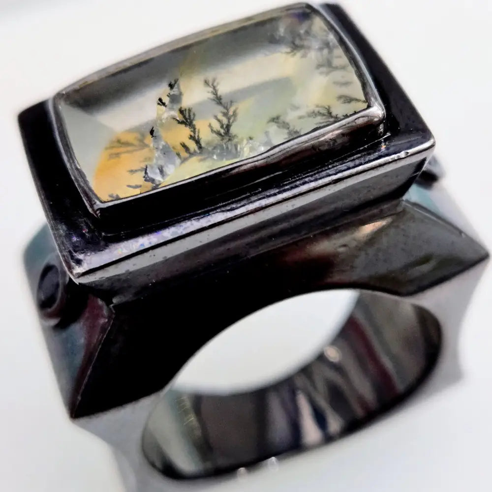 ?MOdern Landscape’ Sz 11 Ring - Dendritic Quartz Sapphire Black Sterling