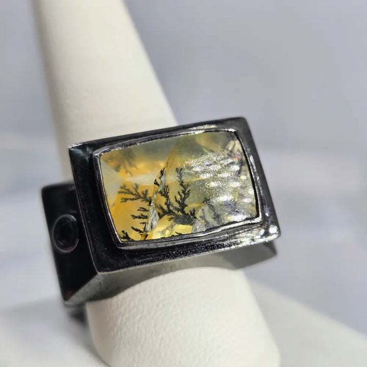 ?MOdern Landscape’ Sz 11 Ring - Dendritic Quartz Sapphire Black Sterling