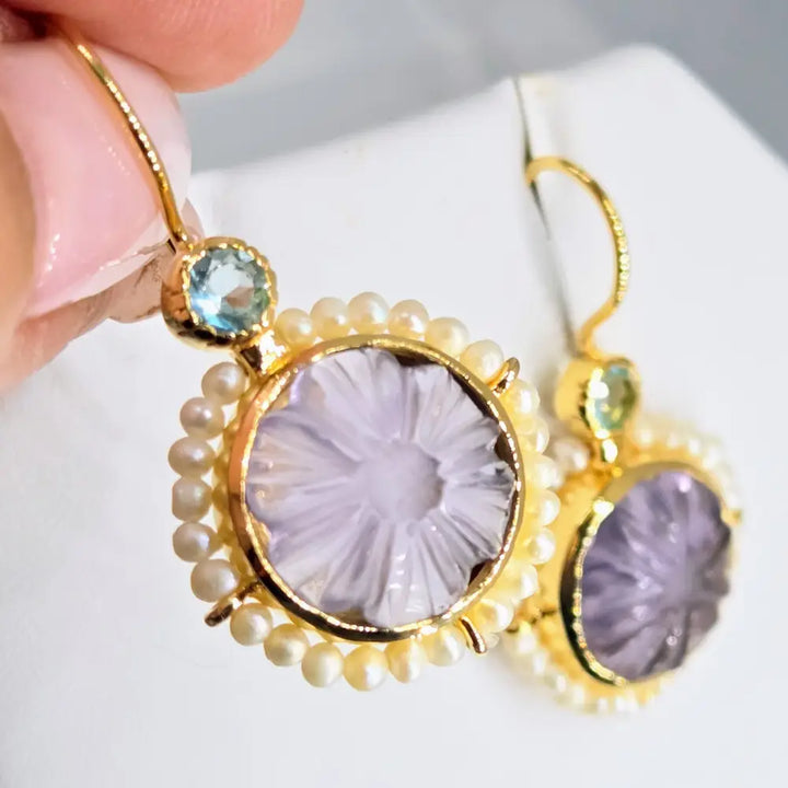 ?MOn Petit Fleur’ 1.5’’ Earrings - Amethyst Topaz Pearls 18k Gold Sterling