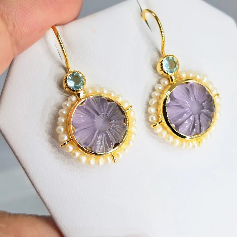 ?MOn Petit Fleur’ 1.5’’ Earrings - Amethyst Topaz Pearls 18k Gold Sterling