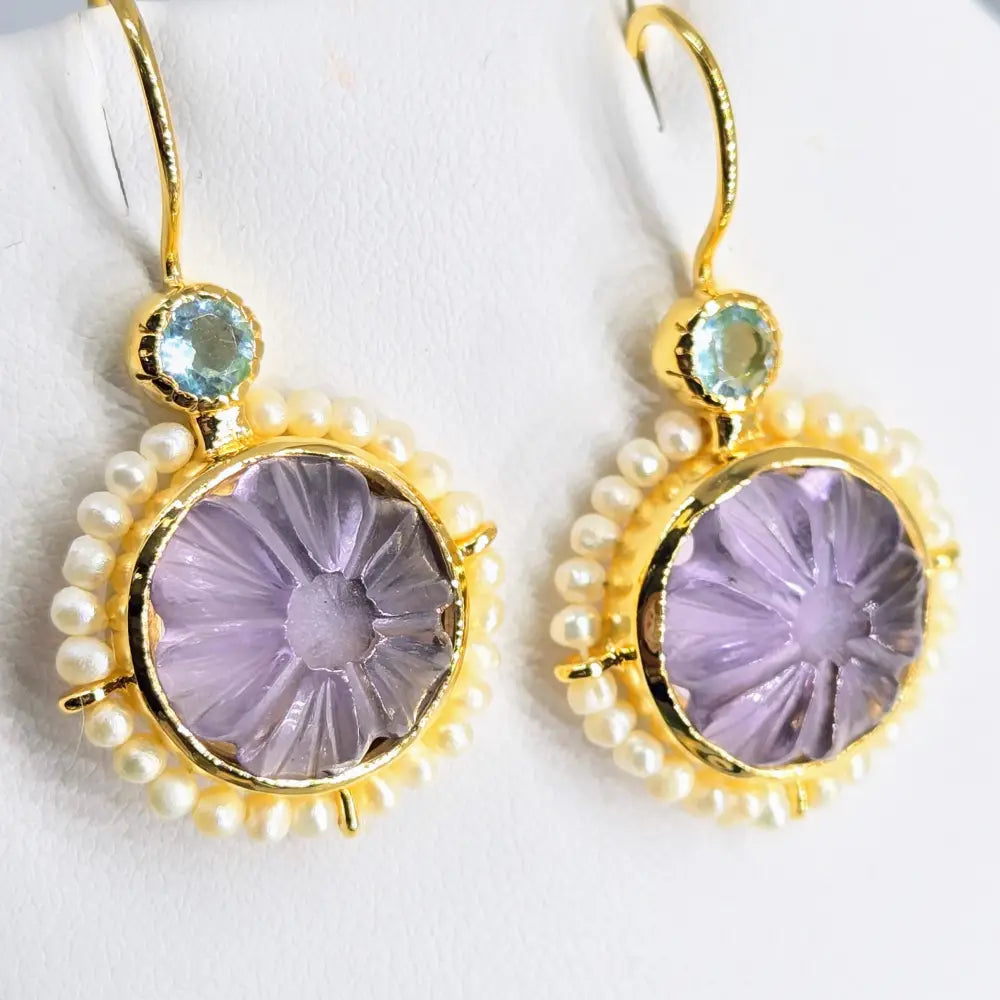 ?MOn Petit Fleur’ 1.5’’ Earrings - Amethyst Topaz Pearls 18k Gold Sterling