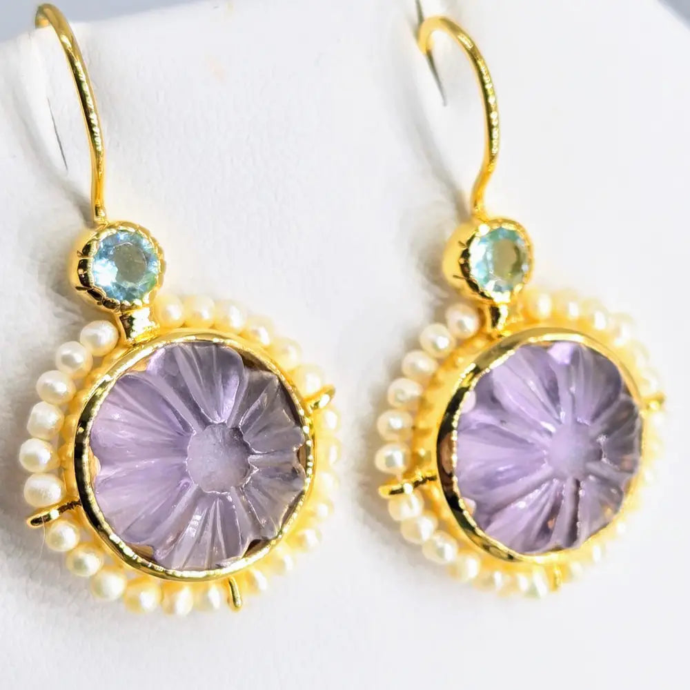 ?MOn Petit Fleur’ 1.5’’ Earrings - Amethyst Topaz Pearls 18k Gold Sterling