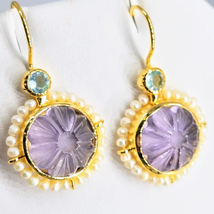 ?MOn Petit Fleur’ 1.5’’ Earrings - Amethyst Topaz Pearls 18k Gold Sterling