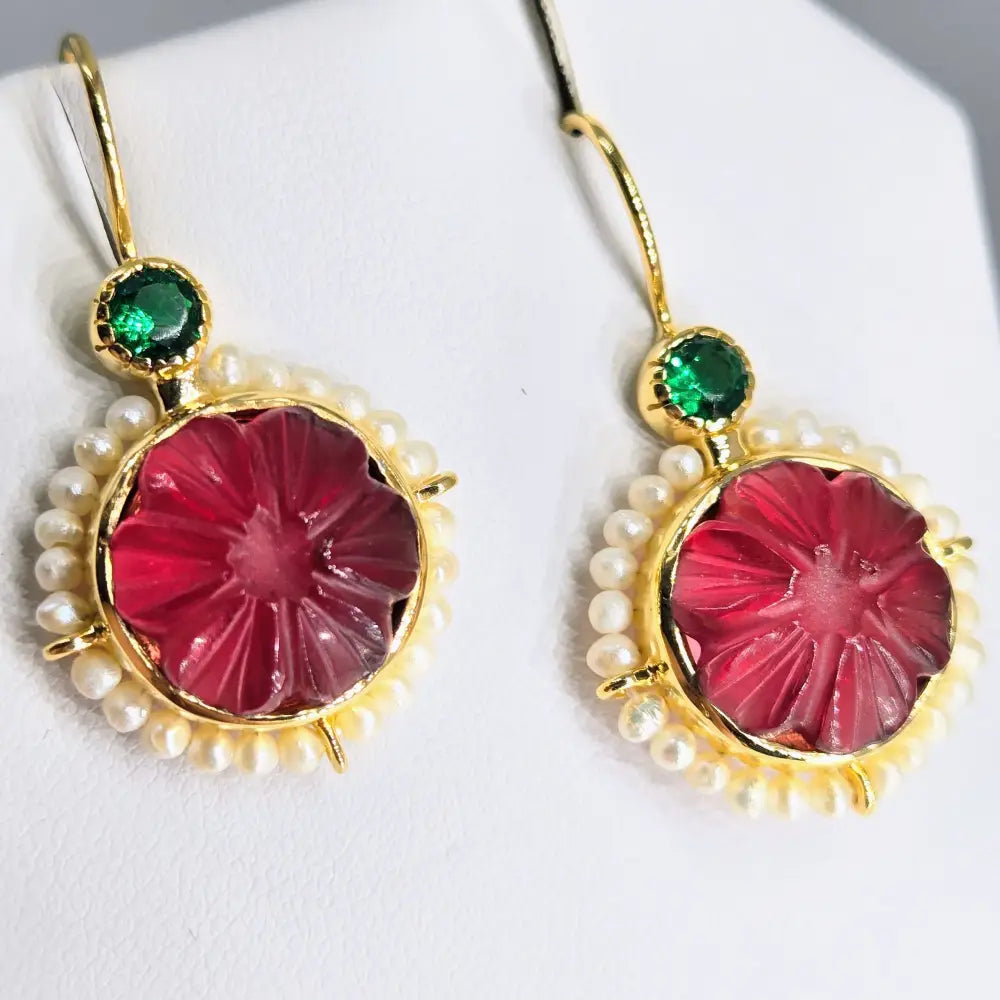 ?MOn Petit Fleur’ 1.5’’ Earrings - Pink Quartz Green Onyx Pearls 18k Gold Sterling