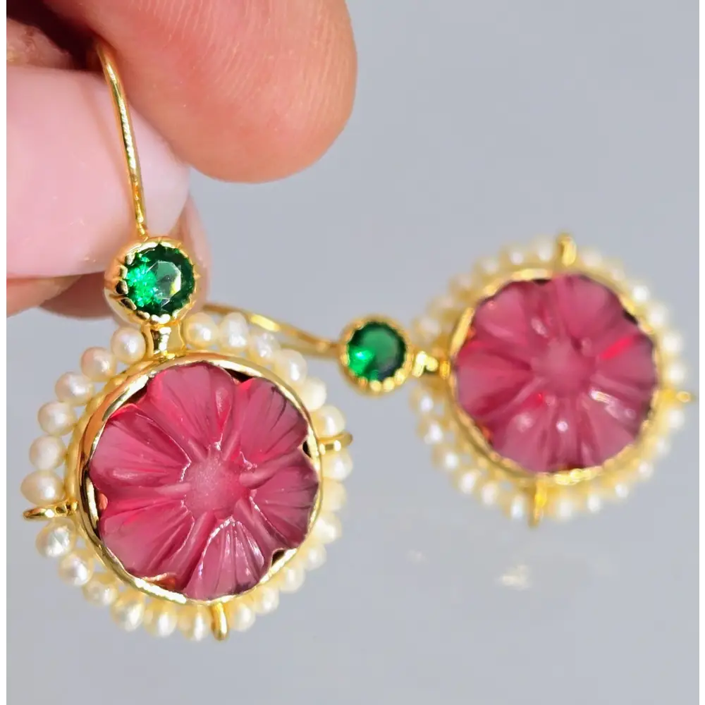 ?MOn Petit Fleur’ 1.5’’ Earrings - Pink Quartz Green Onyx Pearls 18k Gold Sterling