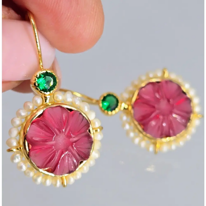 ?MOn Petit Fleur’ 1.5’’ Earrings - Pink Quartz Green Onyx Pearls 18k Gold Sterling