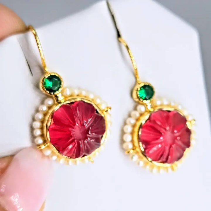 ?MOn Petit Fleur’ 1.5’’ Earrings - Pink Quartz Green Onyx Pearls 18k Gold Sterling