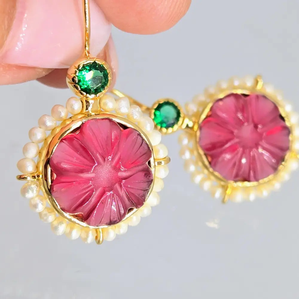 ?MOn Petit Fleur’ 1.5’’ Earrings - Pink Quartz Green Onyx Pearls 18k Gold Sterling