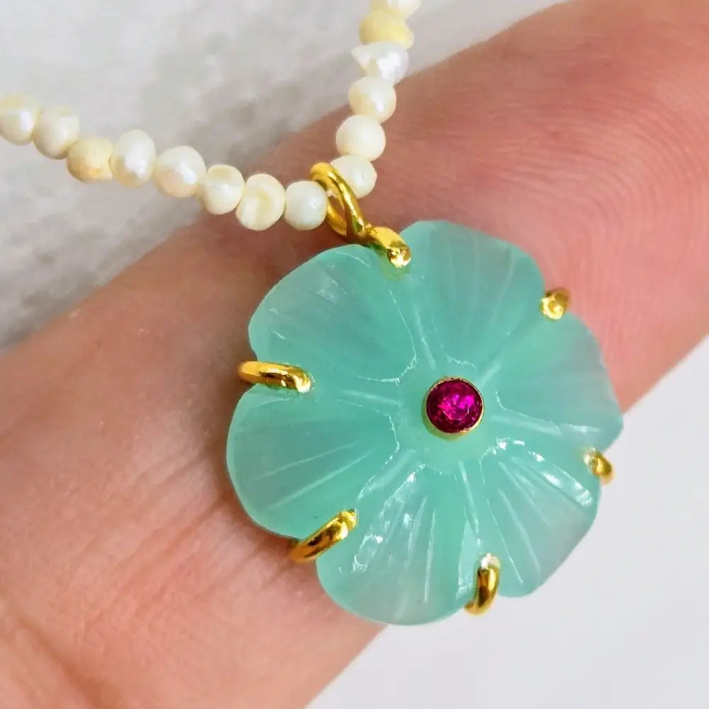 ?MOn Petit Fleur’ 16’’ - 18’’ Necklace - Carved Gem Flowers Pearls 18k Gold Sterling - Mint Chalcedony + Pink Topaz