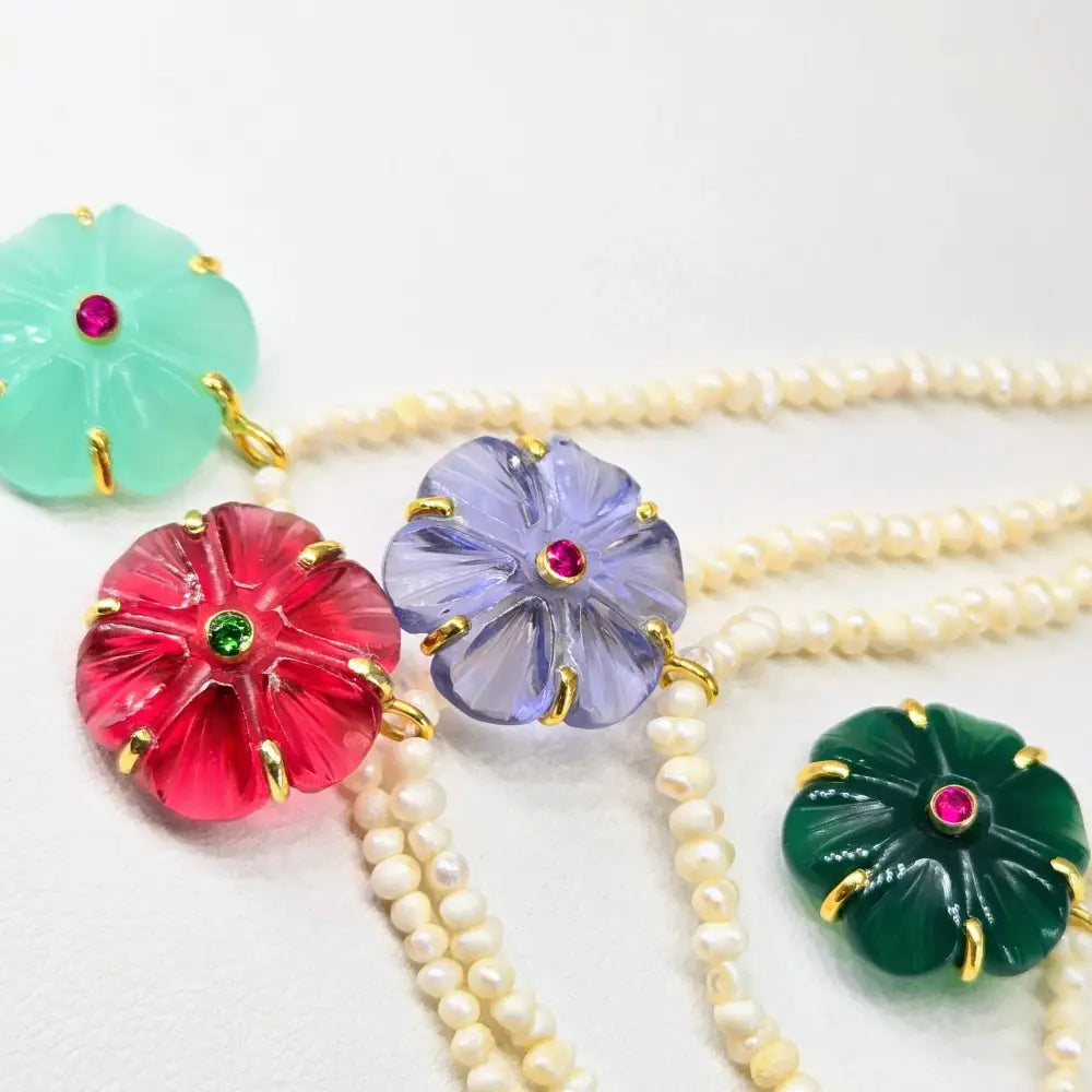 ?MOn Petit Fleur’ 16’’ - 18’’ Necklace - Carved Gem Flowers Pearls 18k Gold Sterling