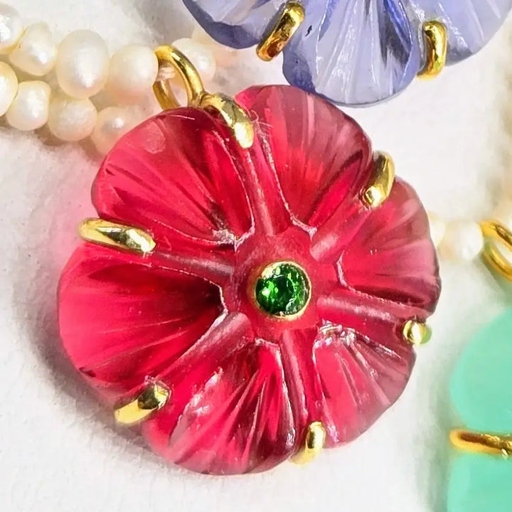 ?MOn Petit Fleur’ 16’’ - 18’’ Necklace - Carved Gem Flowers Pearls 18k Gold Sterling - Pink Quartz + Green Topaz
