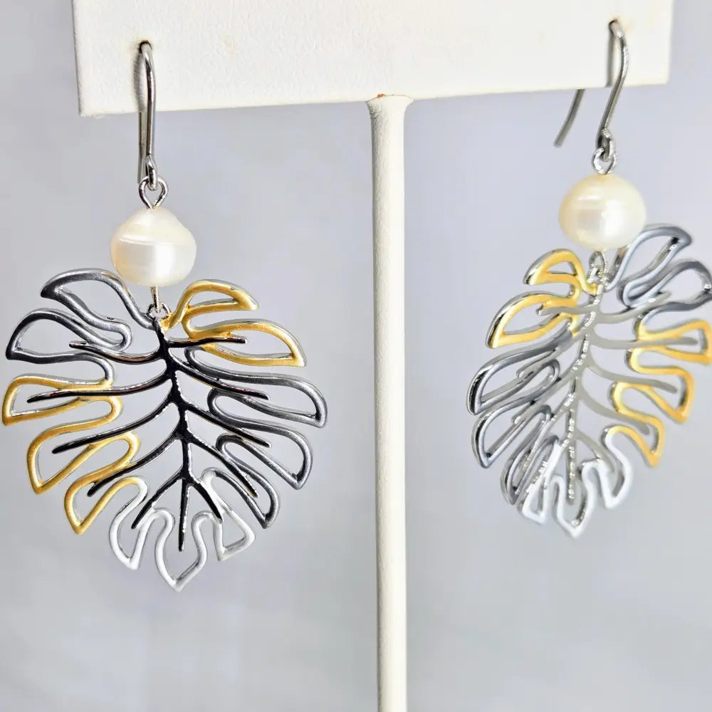 ?MOnstera’ Earrings - White or Peacock Pearls Mixed Metals Sterling Hooks