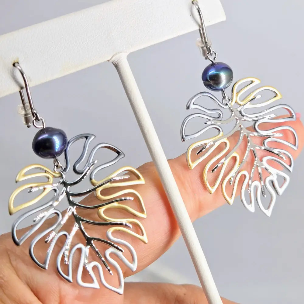 ?MOnstera’ Earrings - White or Peacock Pearls Mixed Metals Sterling Hooks