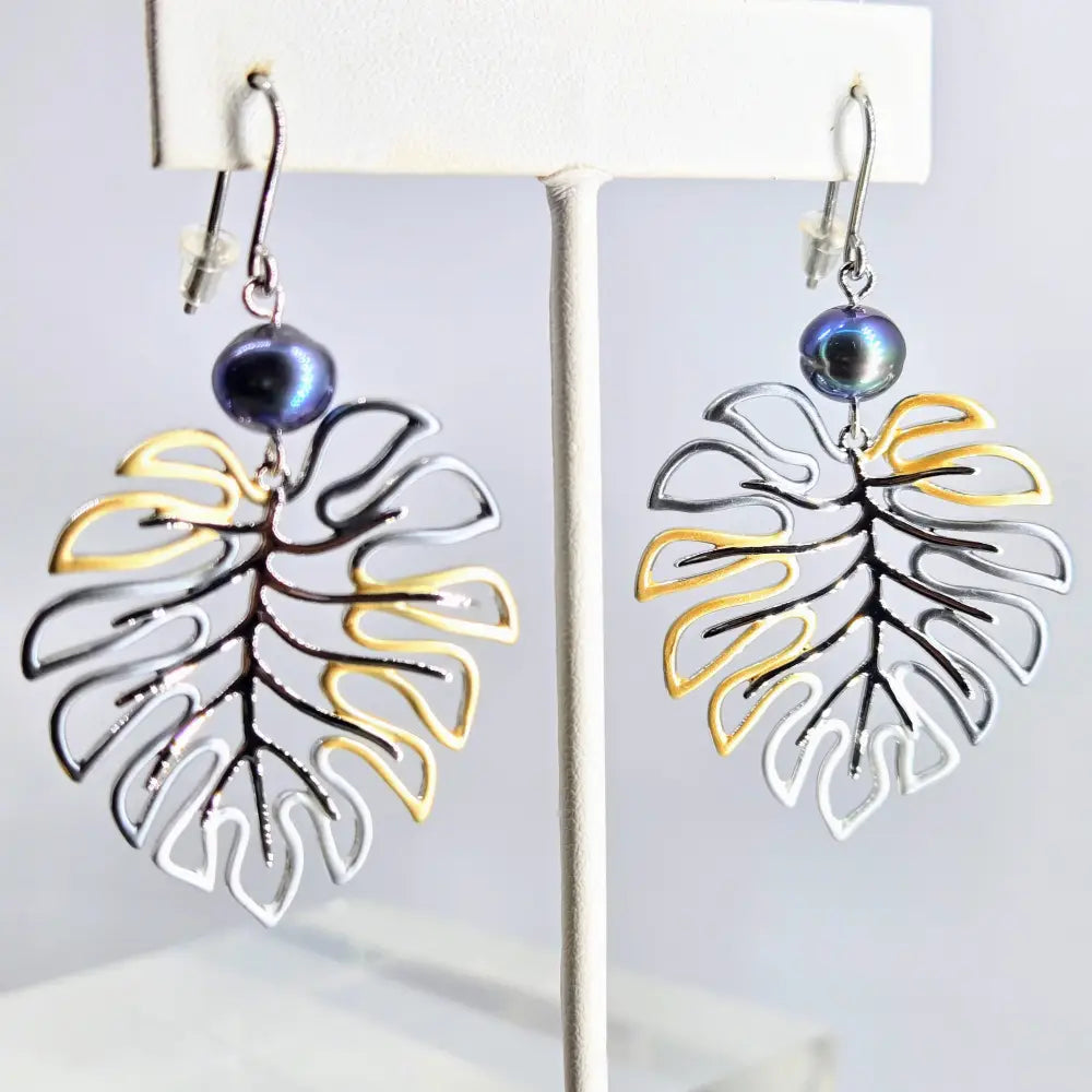 ?MOnstera’ Earrings - White or Peacock Pearls Mixed Metals Sterling Hooks