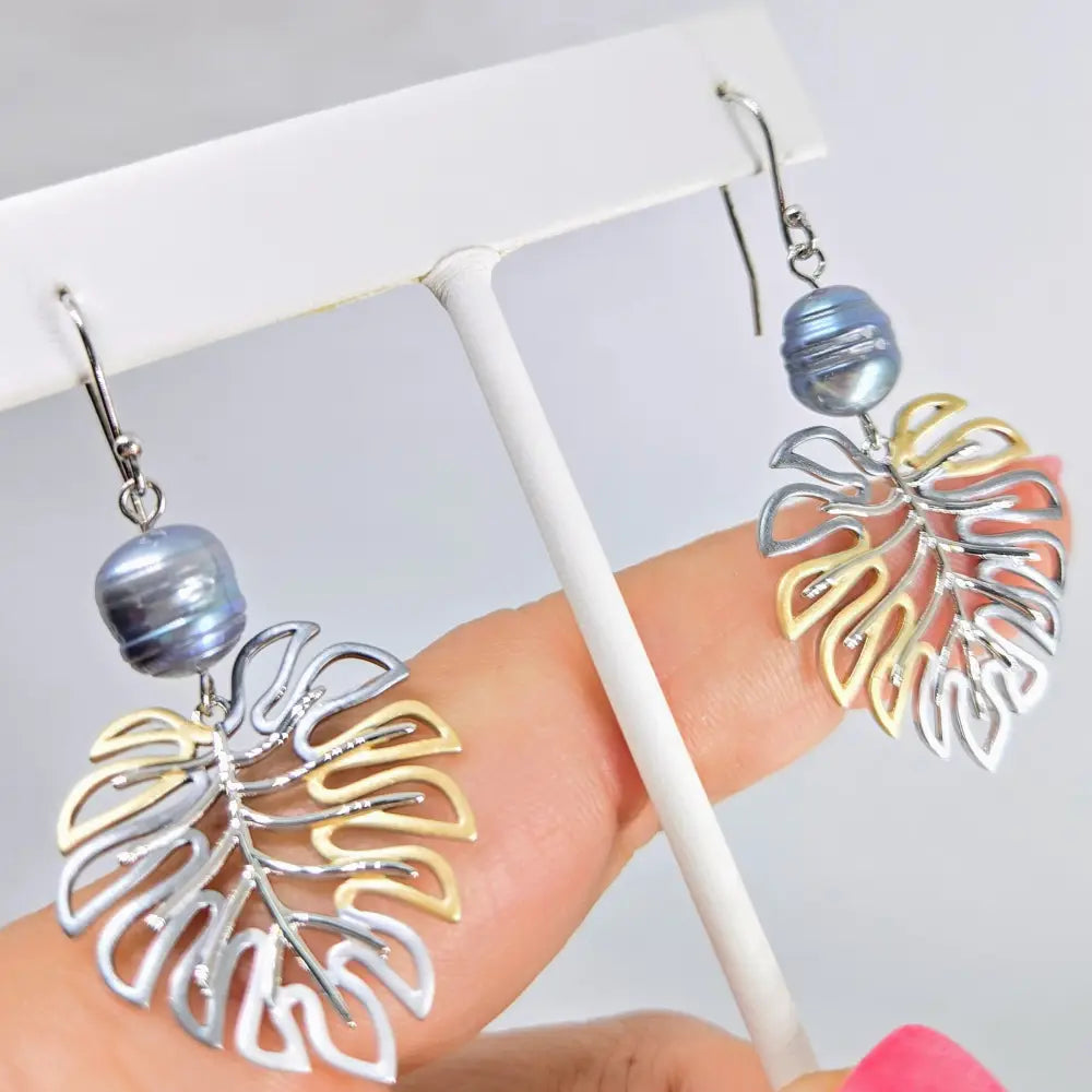 ?MOnstera’ Earrings - White or Peacock Pearls Mixed Metals Sterling Hooks