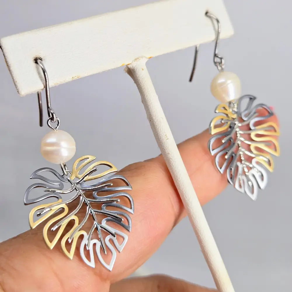 ?MOnstera’ Earrings - White or Peacock Pearls Mixed Metals Sterling Hooks