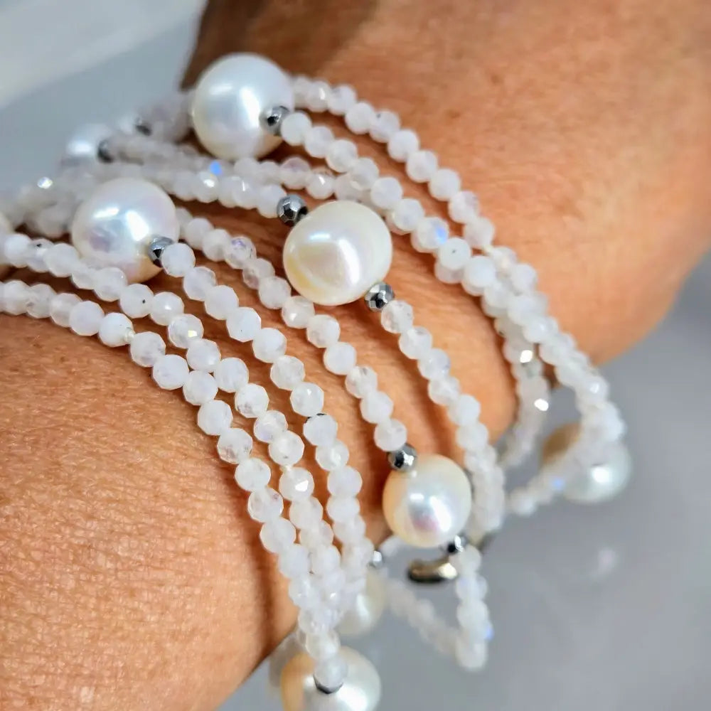 ?MOon Dust’ 60’’ Necklace - Moonstone Pearls Hematite + Enhancer Clip