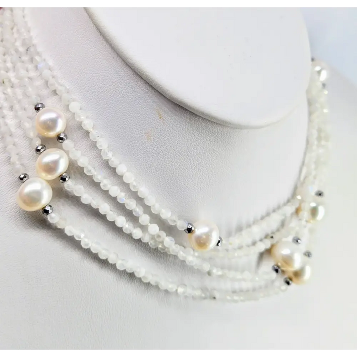 ?MOon Dust’ 60’’ Necklace - Moonstone Pearls Hematite + Enhancer Clip