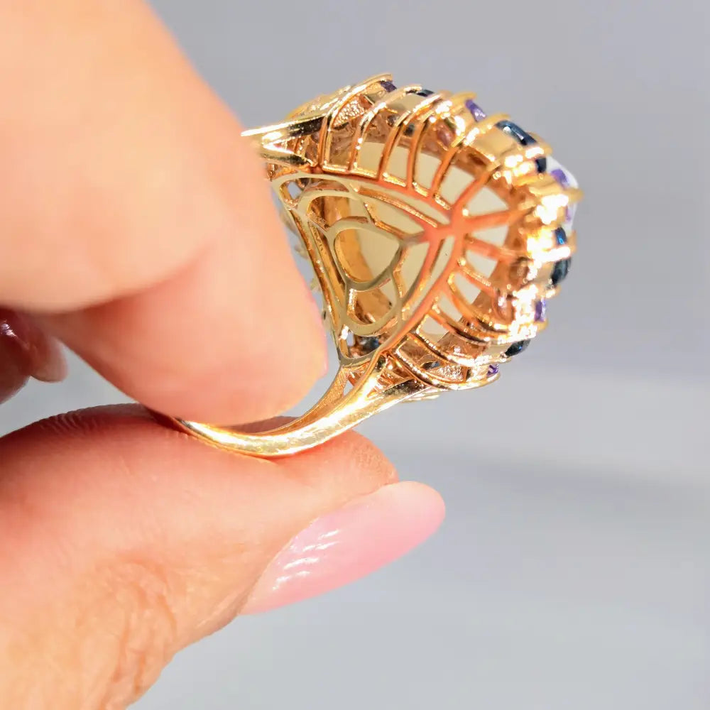 ?MOon Glow’ Sz 8 Ring - White Moonstone London Blue Topaz Tanzanite Anti-tarnish Pink Gold Sterling