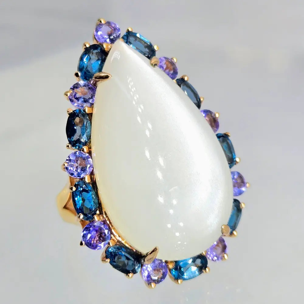 ?MOon Glow’ Sz 8 Ring - White Moonstone London Blue Topaz Tanzanite Anti-tarnish Pink Gold Sterling