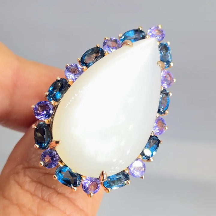 ?MOon Glow’ Sz 8 Ring - White Moonstone London Blue Topaz Tanzanite Anti-tarnish Pink Gold Sterling