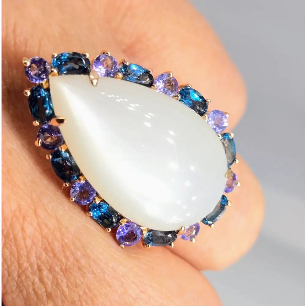 ?MOon Glow’ Sz 8 Ring - White Moonstone London Blue Topaz Tanzanite Anti-tarnish Pink Gold Sterling