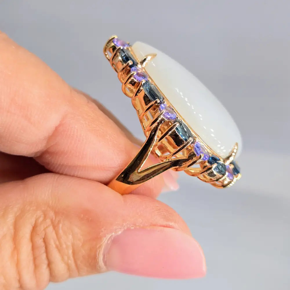 ?MOon Glow’ Sz 8 Ring - White Moonstone London Blue Topaz Tanzanite Anti-tarnish Pink Gold Sterling