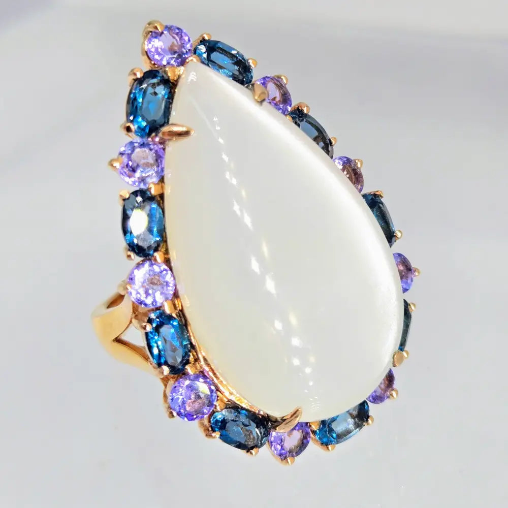 ?MOon Glow’ Sz 8 Ring - White Moonstone London Blue Topaz Tanzanite Anti-tarnish Pink Gold Sterling