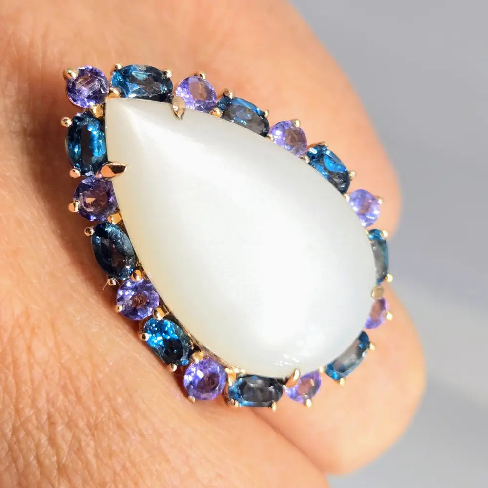 ?MOon Glow’ Sz 8 Ring - White Moonstone London Blue Topaz Tanzanite Anti-tarnish Pink Gold Sterling