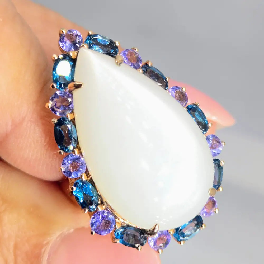 ?MOon Glow’ Sz 8 Ring - White Moonstone London Blue Topaz Tanzanite Anti-tarnish Pink Gold Sterling