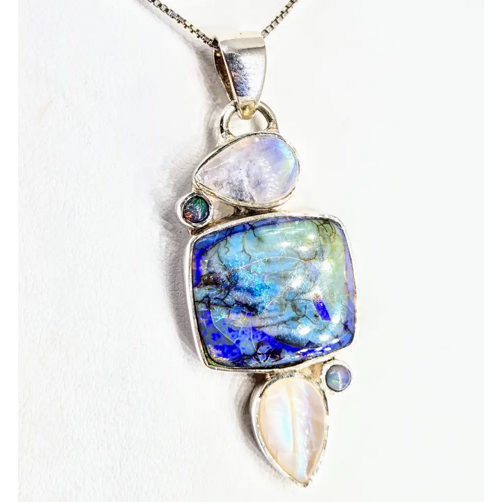 Moonlight on the Ocean 18’’ Necklace 2’’ Pendant Opal Moonstone Sterling