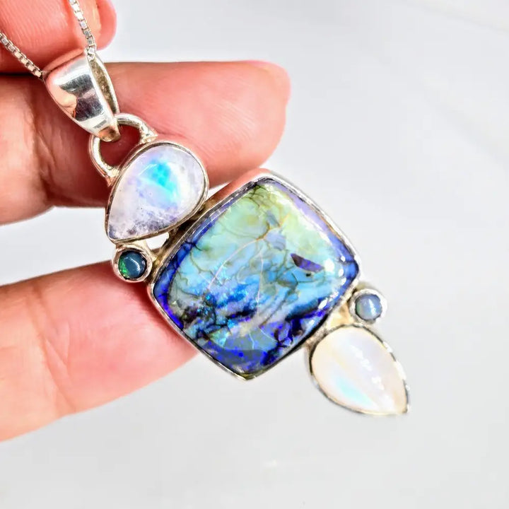 Moonlight on the Ocean 18’’ Necklace 2’’ Pendant Opal Moonstone Sterling