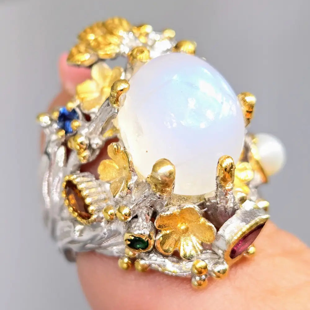 ?MOonlit Garden’ Sz 7.5 Ring - Moonstone Pearl Sapphire Garnet Anti-tarnish Sterling 18k Gold