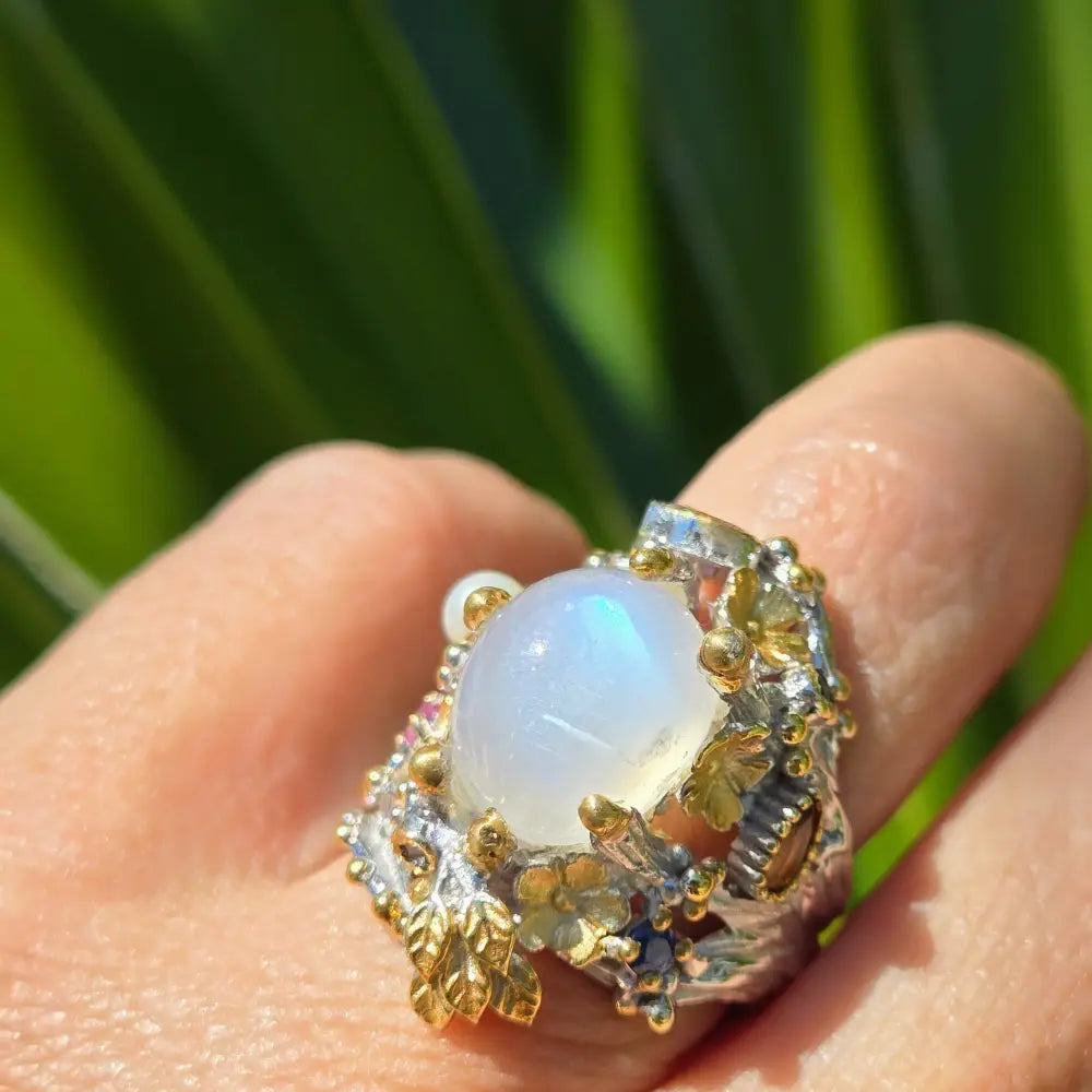 ?MOonlit Garden’ Sz 7.5 Ring - Moonstone Pearl Sapphire Garnet Anti-tarnish Sterling 18k Gold