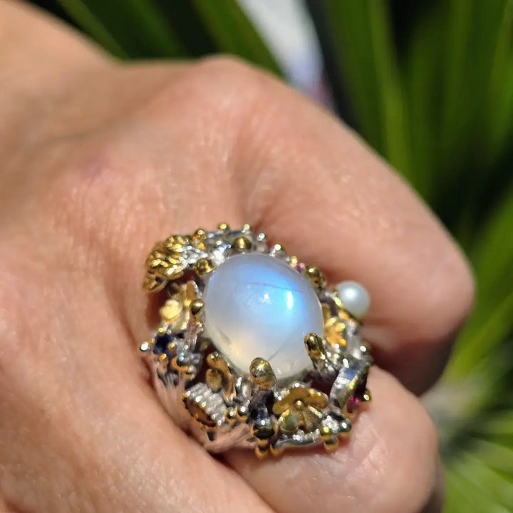 ?MOonlit Garden’ Sz 7.5 Ring - Moonstone Pearl Sapphire Garnet Anti-tarnish Sterling 18k Gold