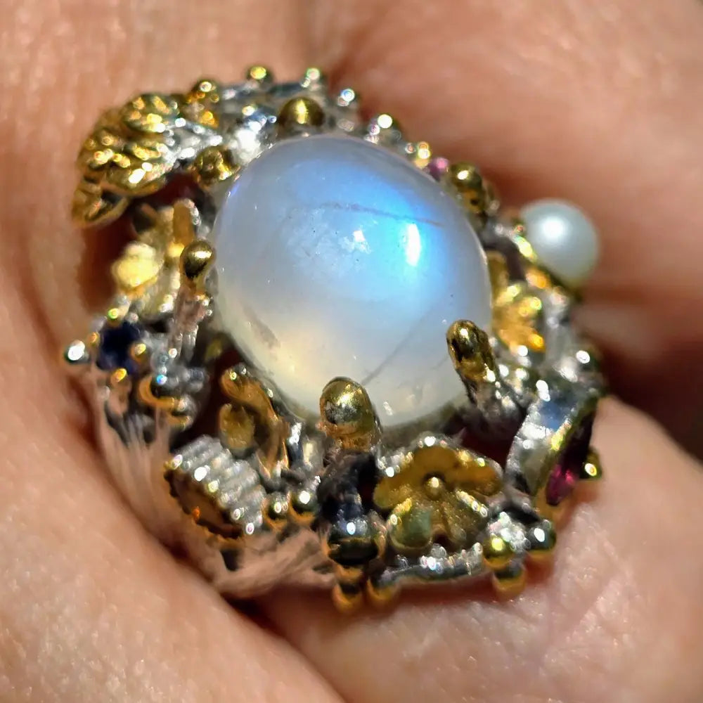 ?MOonlit Garden’ Sz 7.5 Ring - Moonstone Pearl Sapphire Garnet Anti-tarnish Sterling 18k Gold