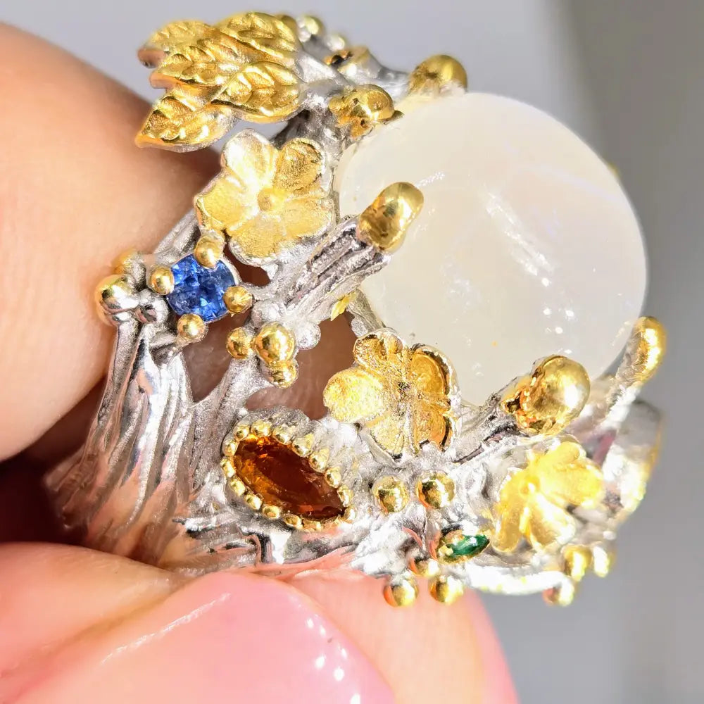 ?MOonlit Garden’ Sz 7.5 Ring - Moonstone Pearl Sapphire Garnet Anti-tarnish Sterling 18k Gold