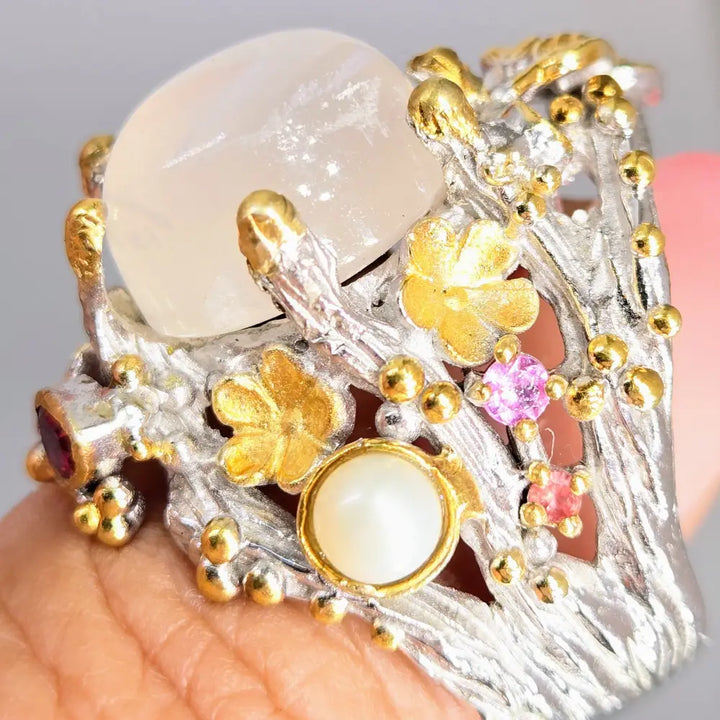 ?MOonlit Garden’ Sz 7.5 Ring - Moonstone Pearl Sapphire Garnet Anti-tarnish Sterling 18k Gold