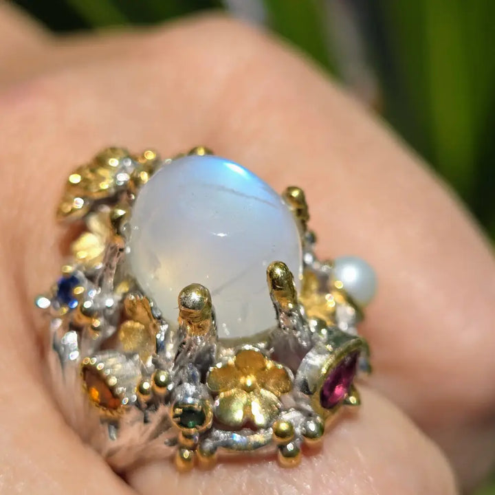 ?MOonlit Garden’ Sz 7.5 Ring - Moonstone Pearl Sapphire Garnet Anti-tarnish Sterling 18k Gold