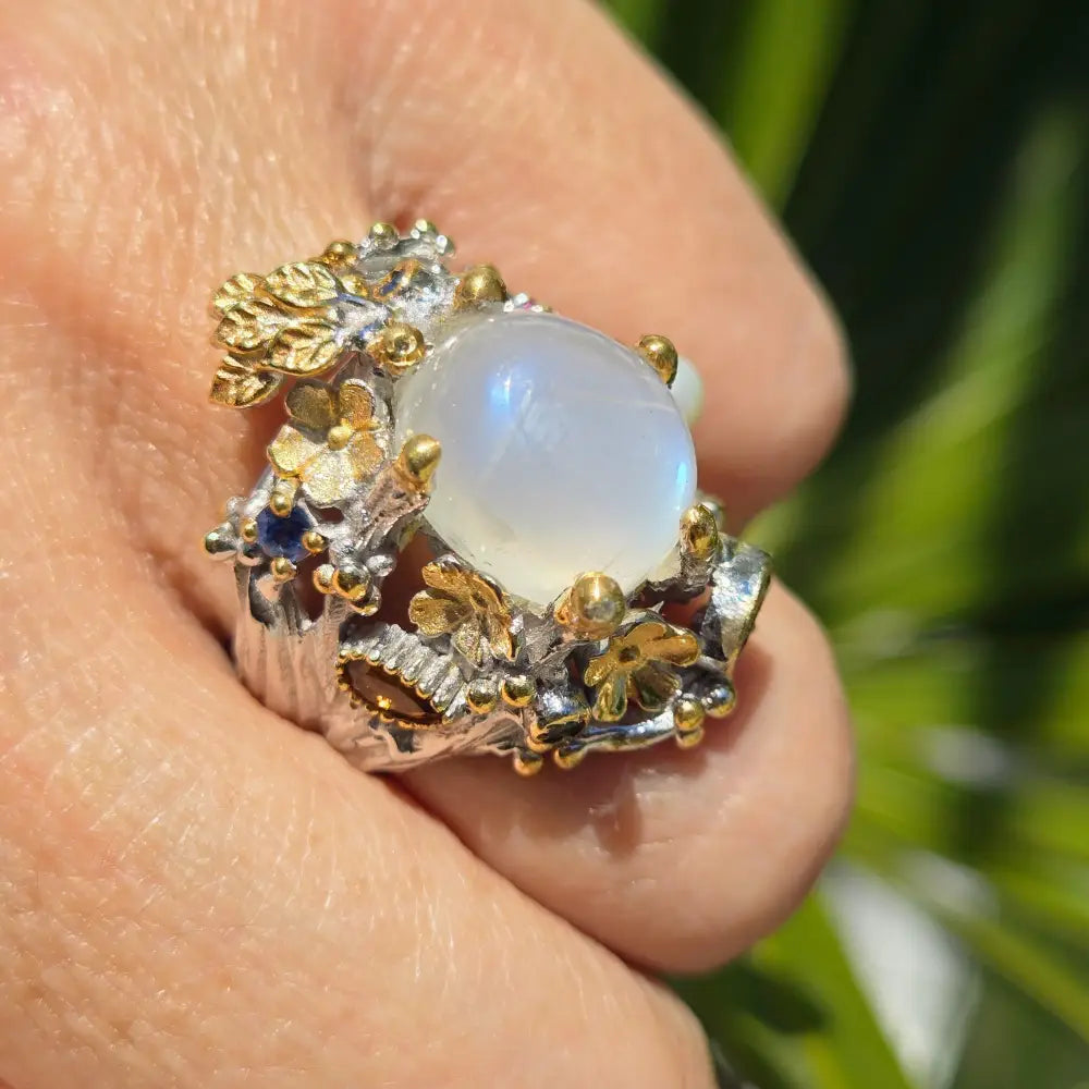 ?MOonlit Garden’ Sz 7.5 Ring - Moonstone Pearl Sapphire Garnet Anti-tarnish Sterling 18k Gold